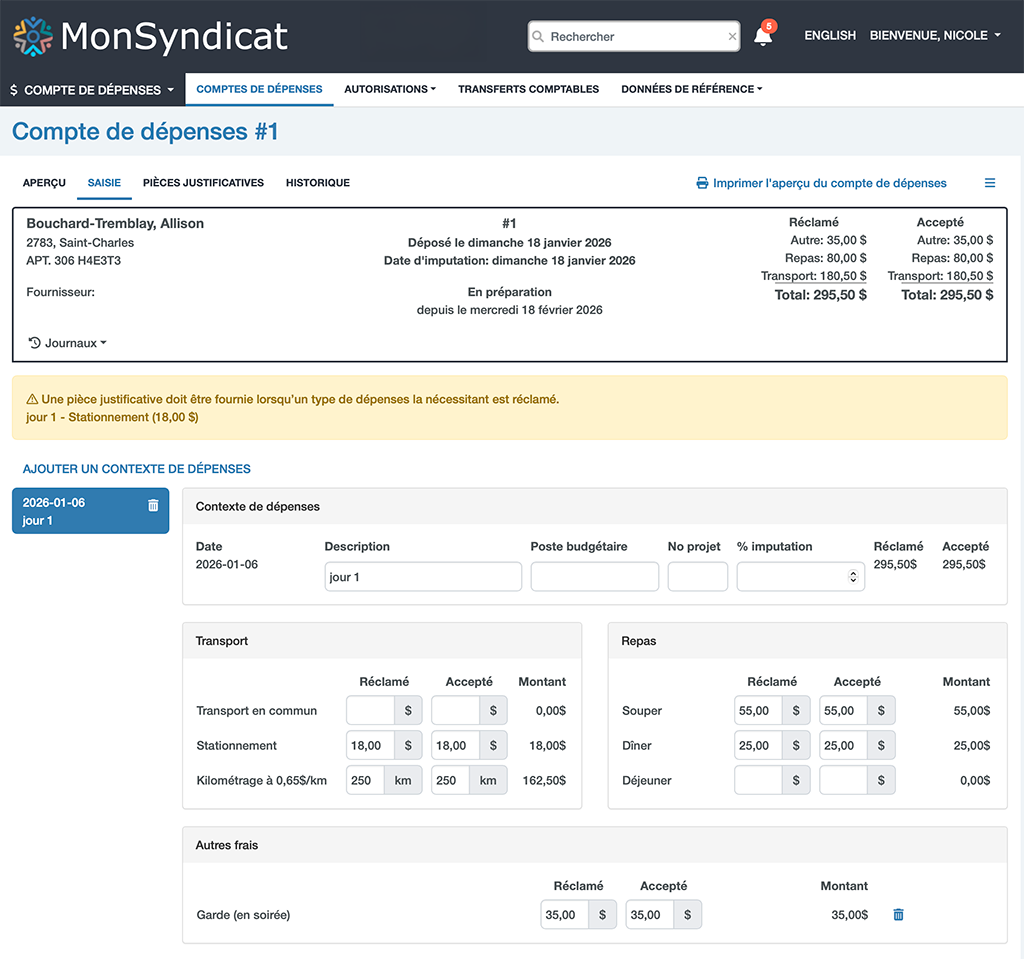 Capture d'écran du module de gestion des comptes de dépenses