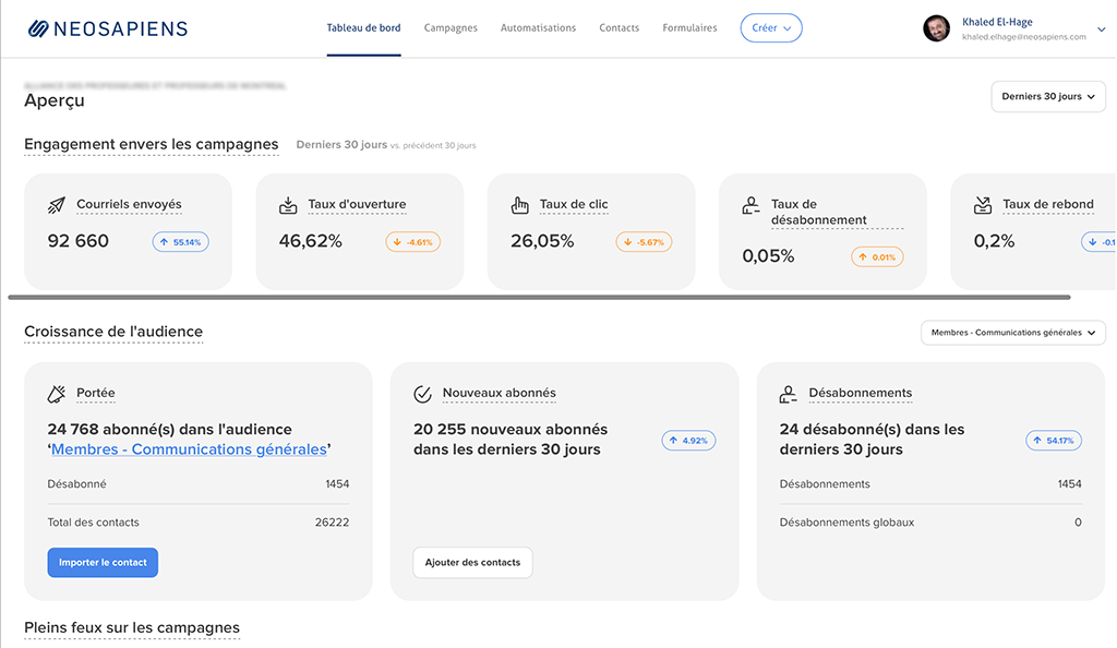 Capture d'écran du module d'envoi de courriels de masse