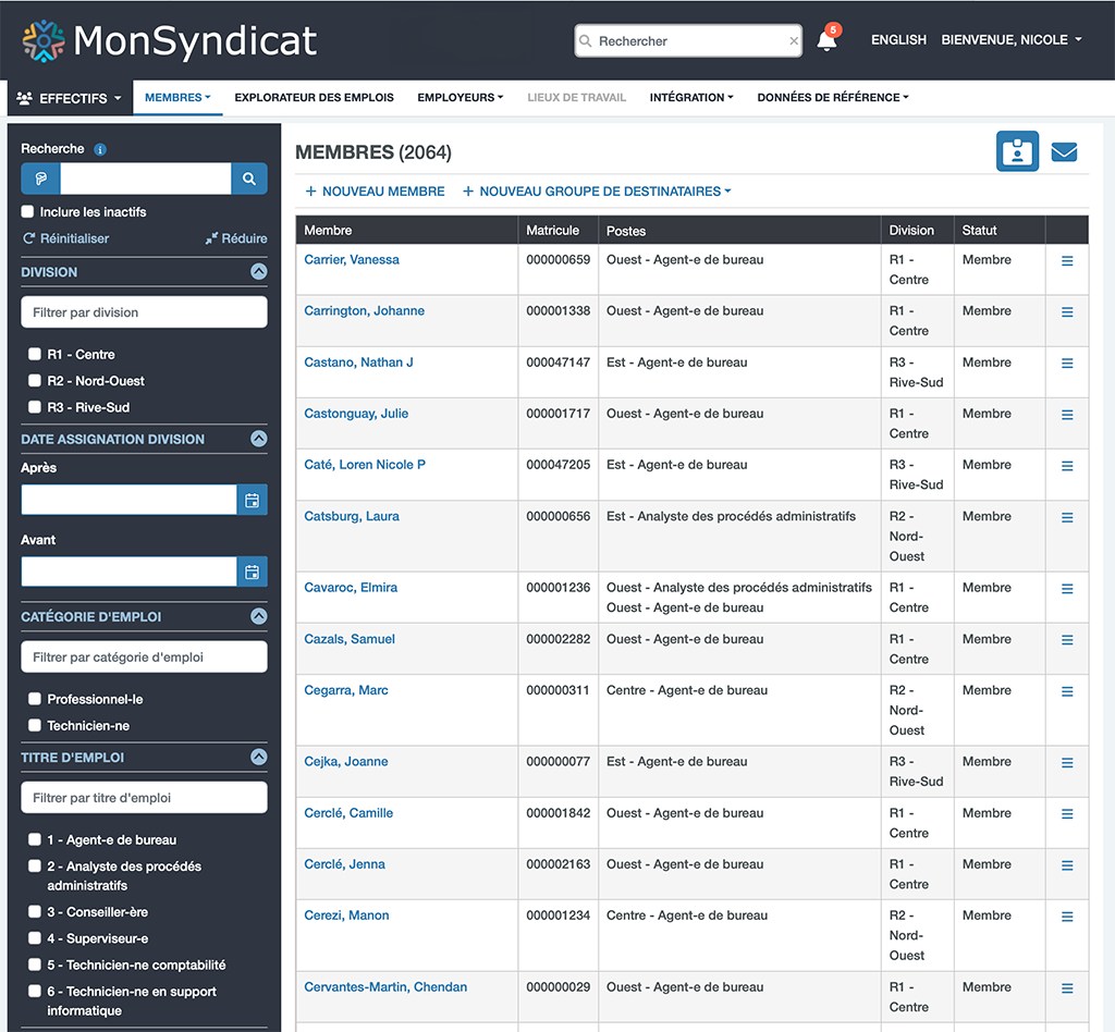 Capture d'écran du module de gestion des membres